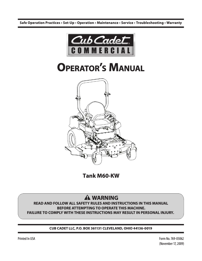 Page n°1 - Manuel utilisateur Cub Cadet Tank LZ-60
