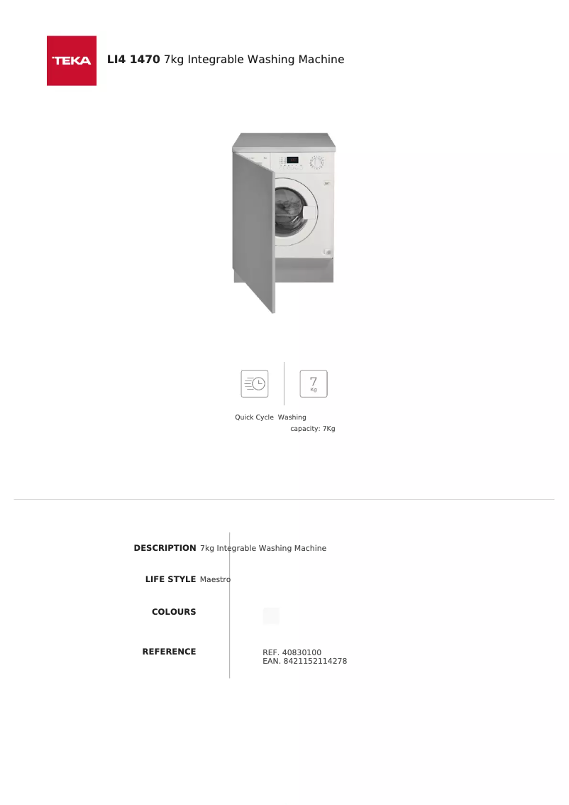 Page 1 de la notice Fiche technique Teka LI4 1470 E