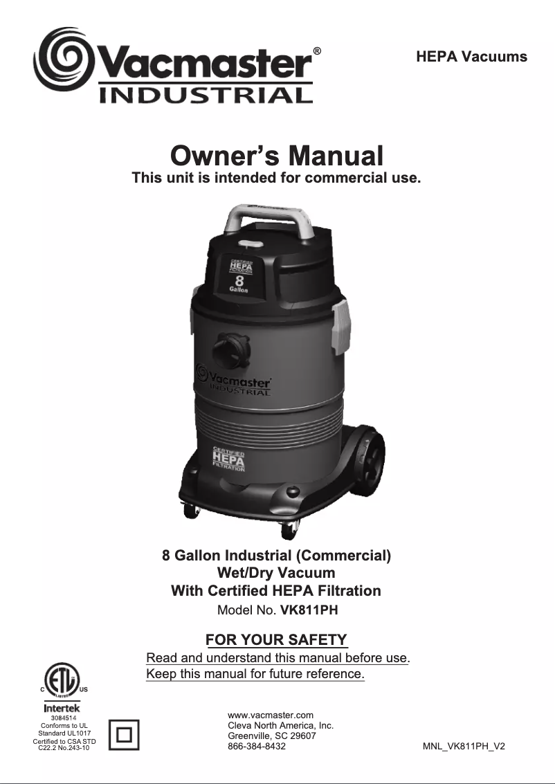 Page 1 de la notice Manuel utilisateur Vacmaster Professional VK811PH