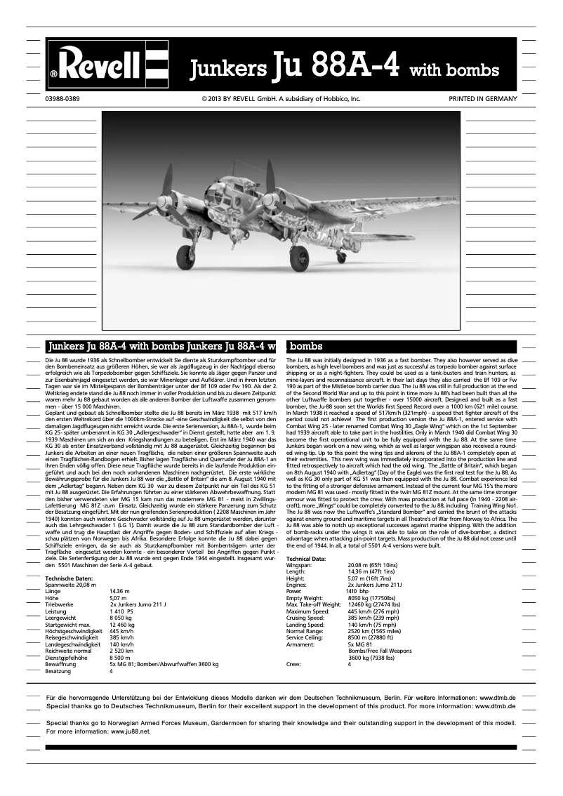 Page 1 de la notice Manuel utilisateur Revell Junkers Ju88 A-4 with bombs