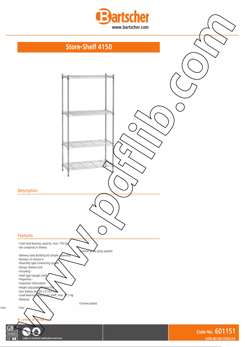 Page 1 de la notice Fiche technique Bartscher 601151