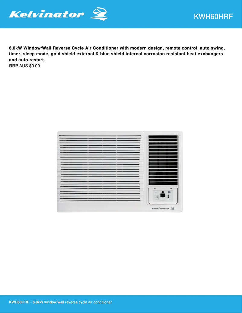 Page 1 de la notice Fiche technique Kelvinator KWH60HRF