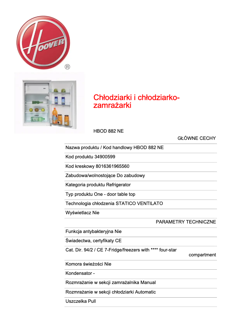 Page n°1 - Fiche technique Hoover HBOD 882 NE