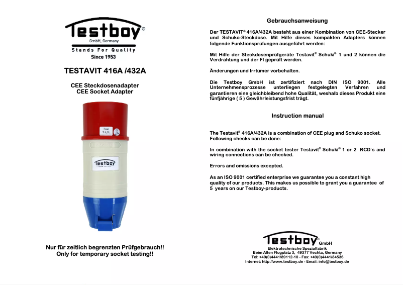 Page 1 de la notice Manuel utilisateur Testboy TESTAVIT 416A