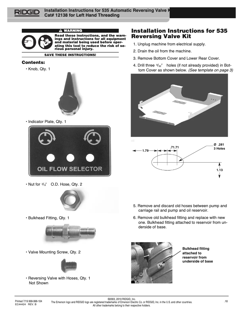 Page 1 de la notice Instructions / montage Ridgid 535A