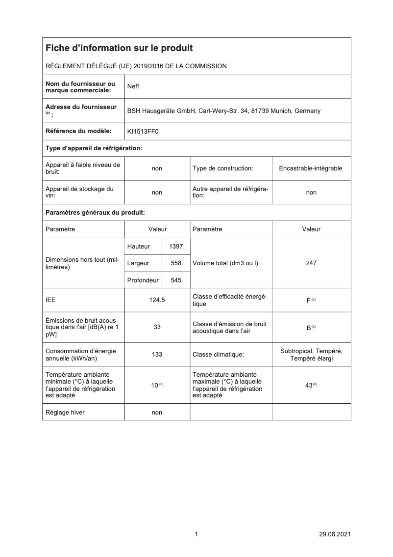 Page n°1 - Label énergétique Neff KI1513FF0