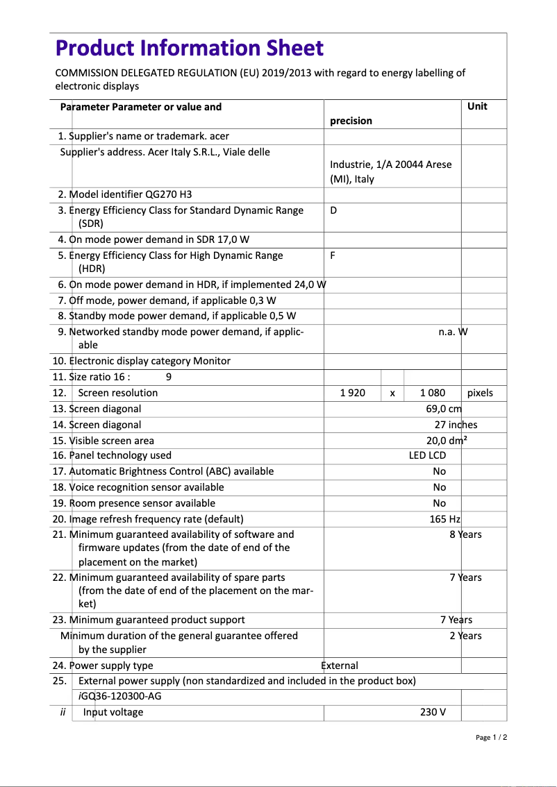 Página 1 del manual Ficha técnica Acer NITRO QG1