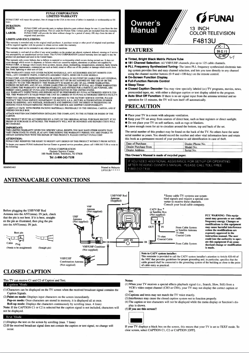 Page 1 de la notice Manuel utilisateur Funai F4813U