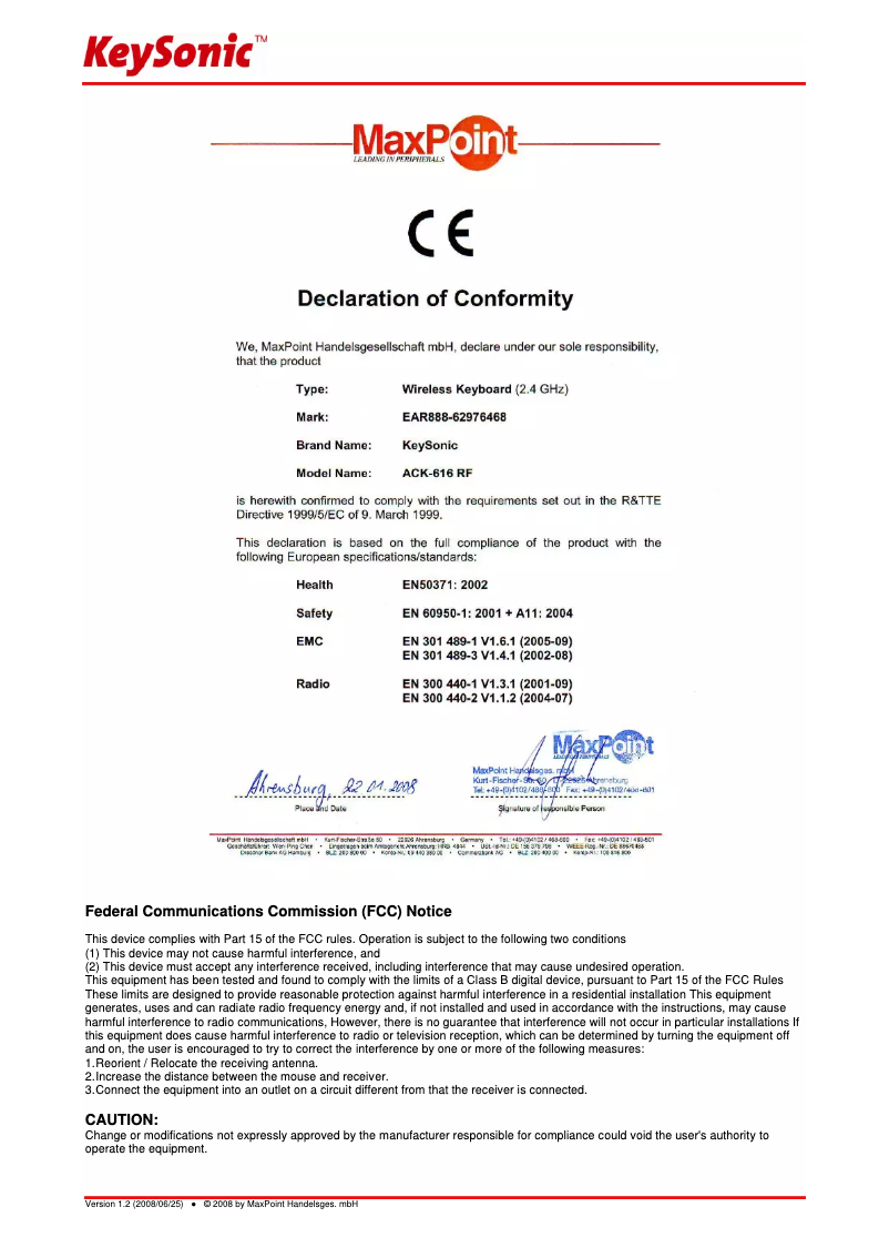 Page n°1 - Manuel utilisateur KeySonic ACK-616 RF