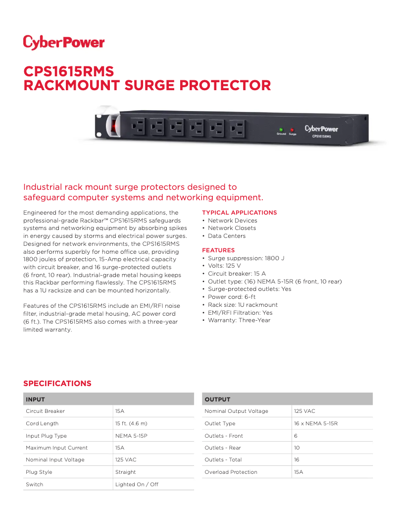 Page 1 de la notice Fiche technique CyberPower CPS1615RMS