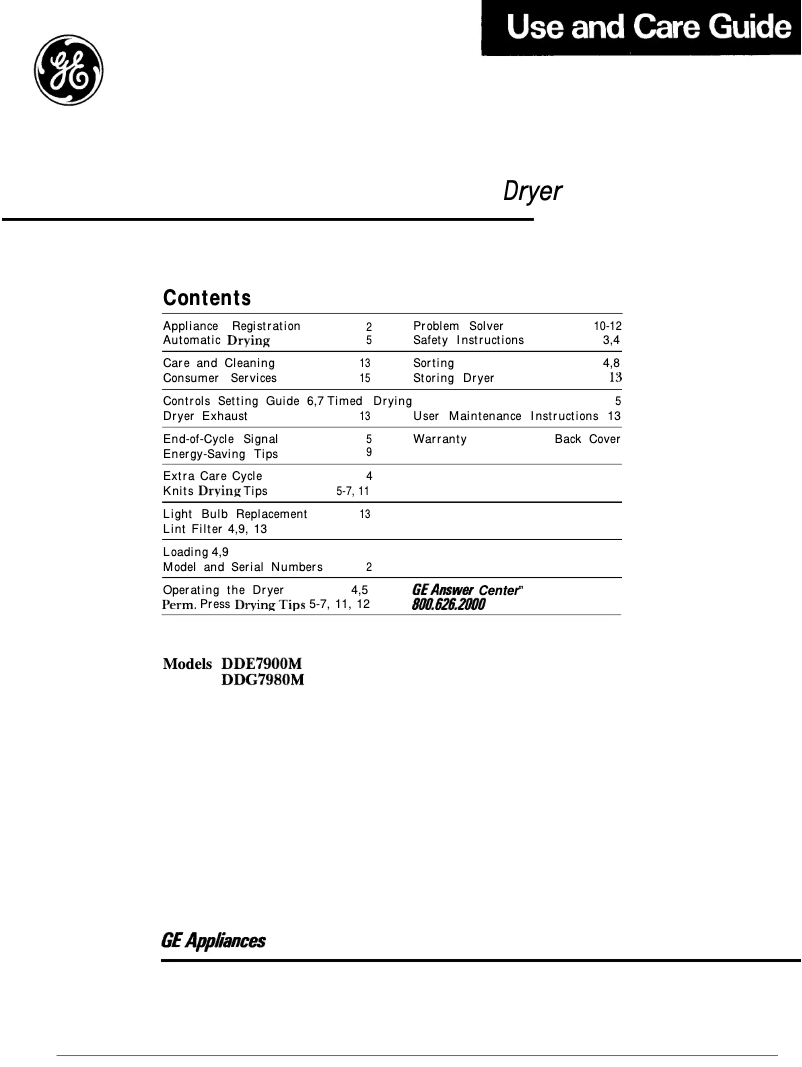 Page n°1 - Manuel utilisateur GE DDE7900M