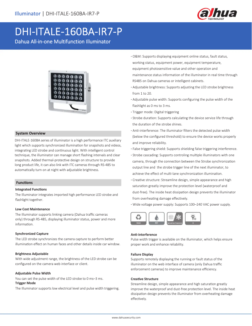 Page 1 de la notice Fiche technique Dahua Technology ITALE-160BA-IR7-P