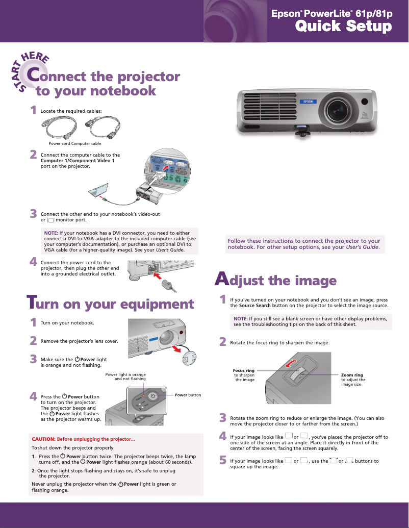 Image de la première page du manuel de l'appareil PowerLite 61p