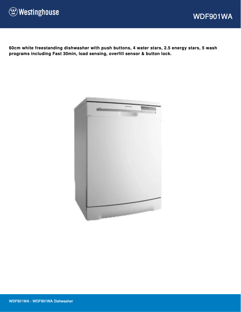 Page 1 de la notice Fiche technique Westinghouse WDF901WA
