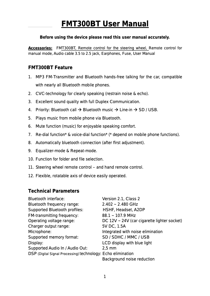 Image de la première page du manuel de l'appareil FMT300BT