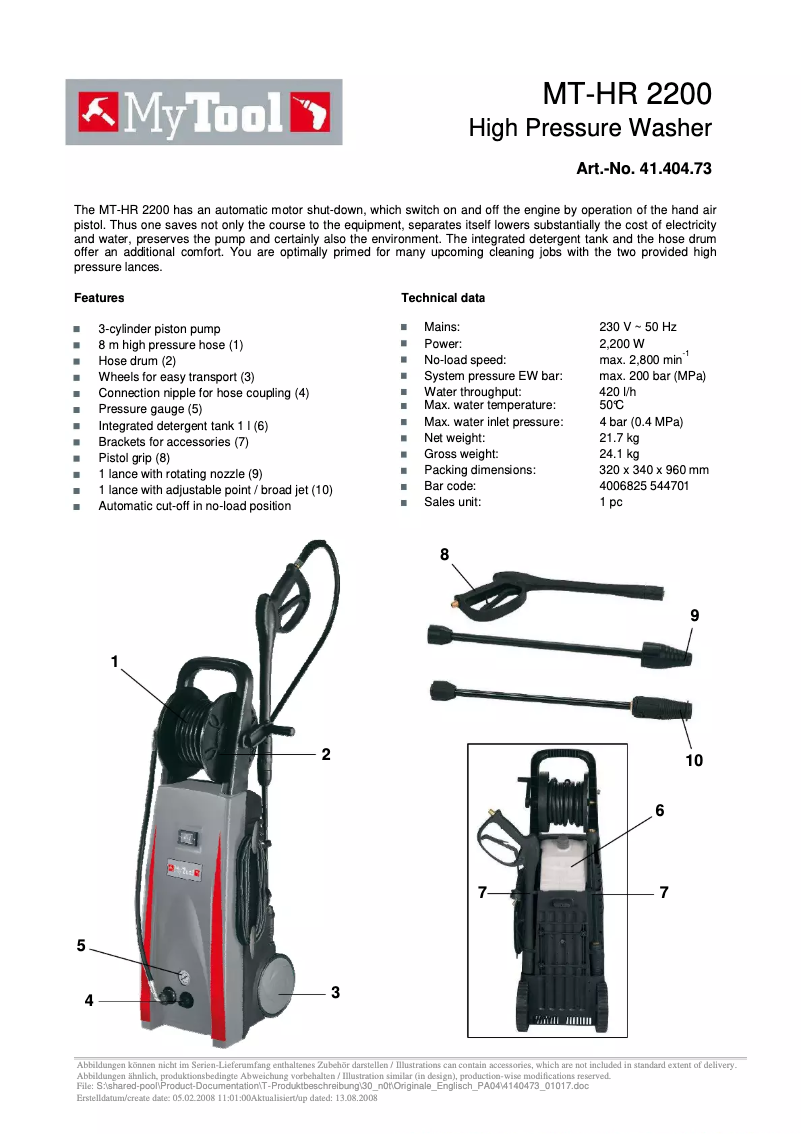 Page 1 de la notice Manuel utilisateur MyTool MT-HR 2200