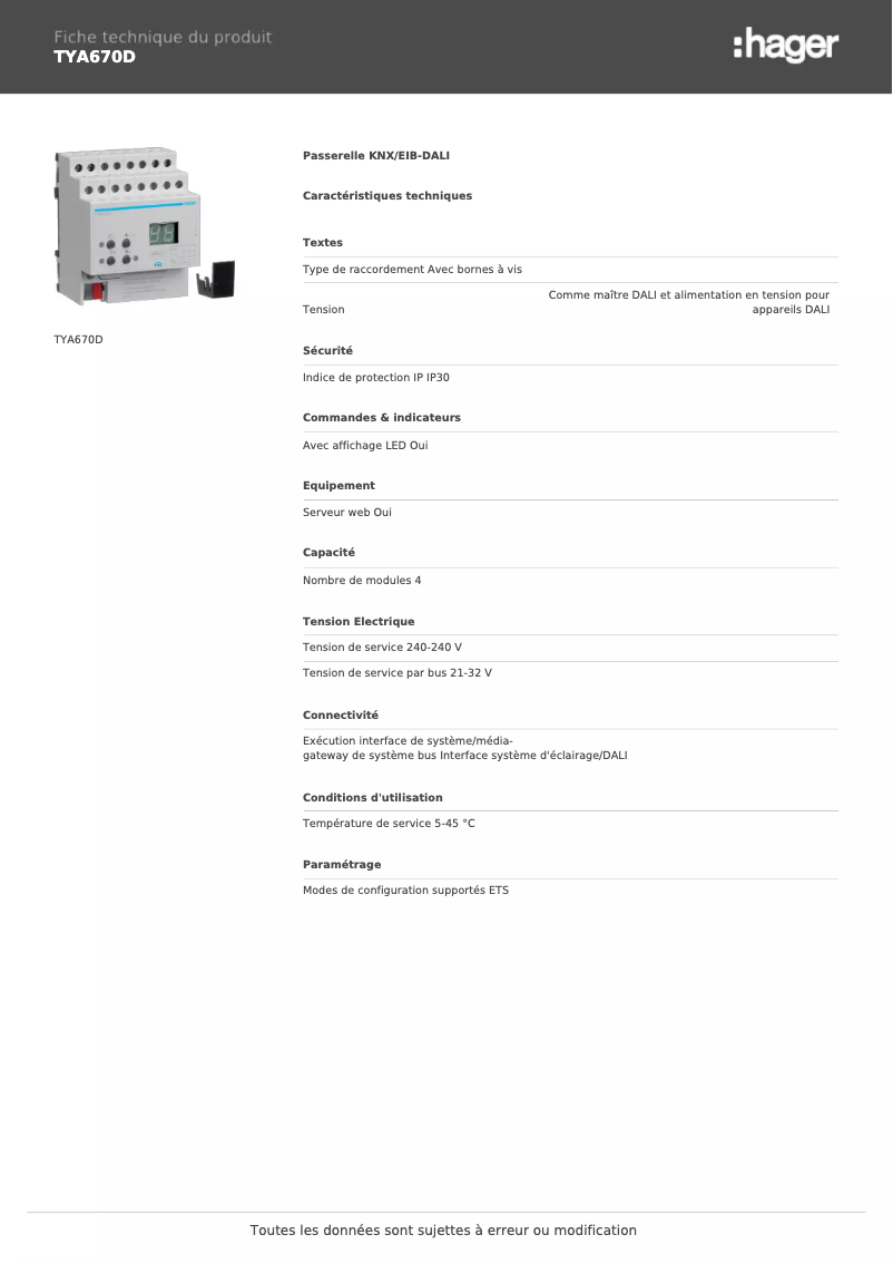 Page n°1 - Fiche technique Hager TYA670D