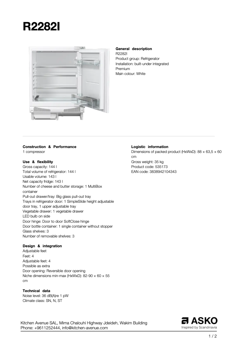 Page n°1 - Fiche technique Asko R2282I