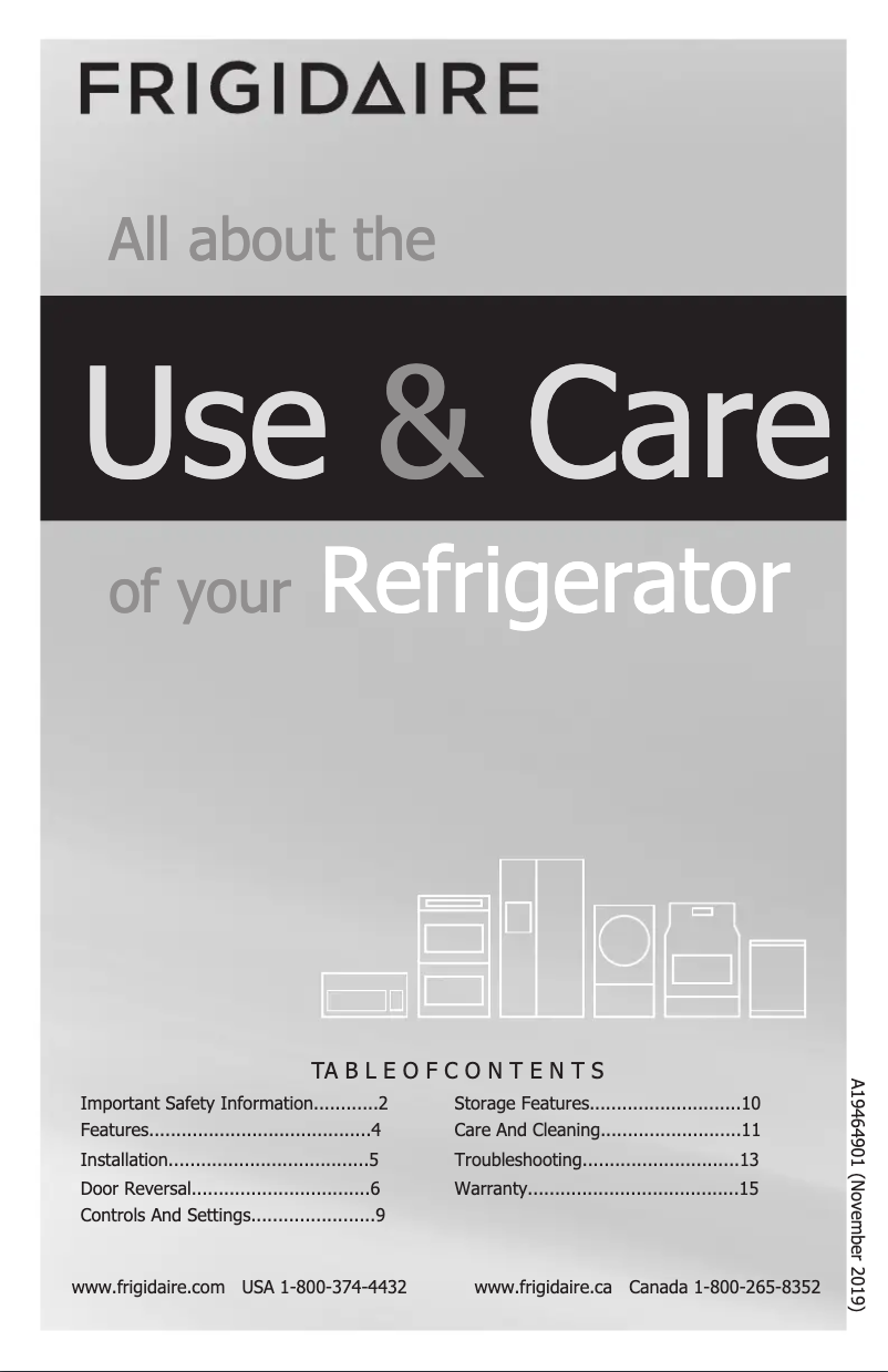 Page 1 de la notice Manuel d'utilisation et d'entretien Frigidaire FFHT1824US