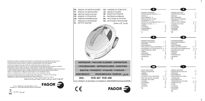 Page 1 de la notice Manuel utilisateur Fagor VCE-308