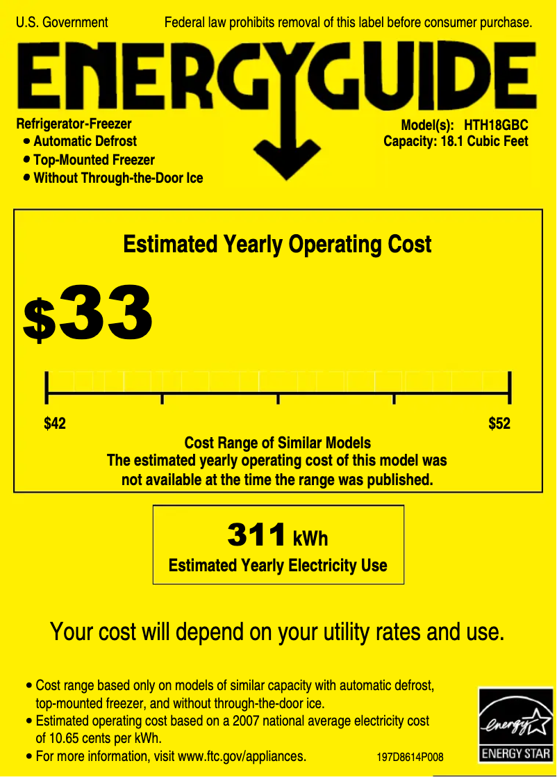 Page n°1 - Label énergétique GE HTH18GBCCC