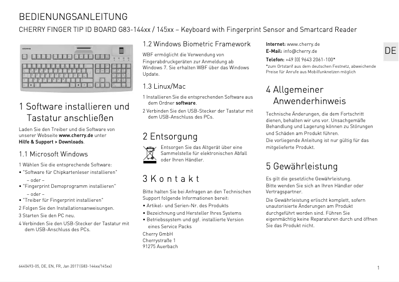 Page 1 de la notice Manuel utilisateur Cherry FingerTIP ID Board G83-14500