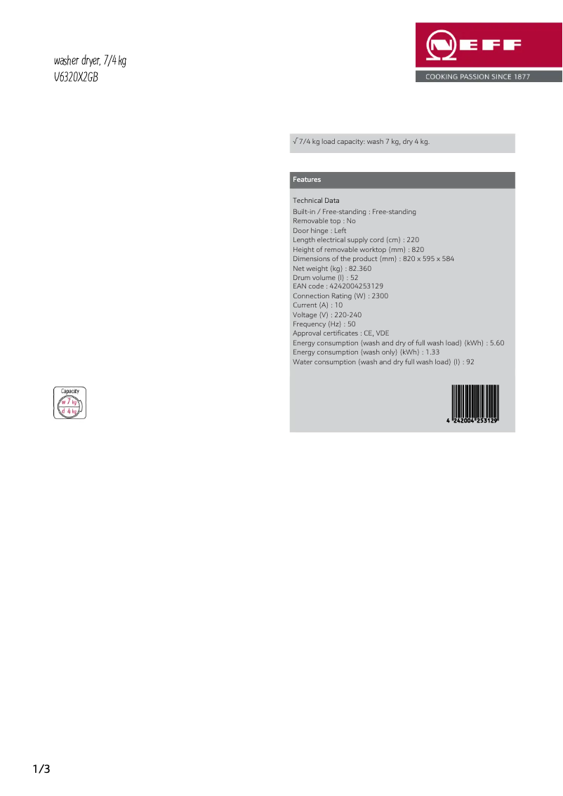 Page 1 de la notice Fiche technique Neff V6320X2GB