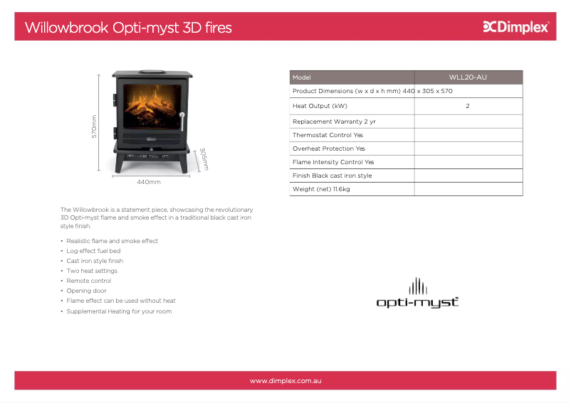 Page 1 de la notice Fiche technique Dimplex Willowbrook WLL20-AU