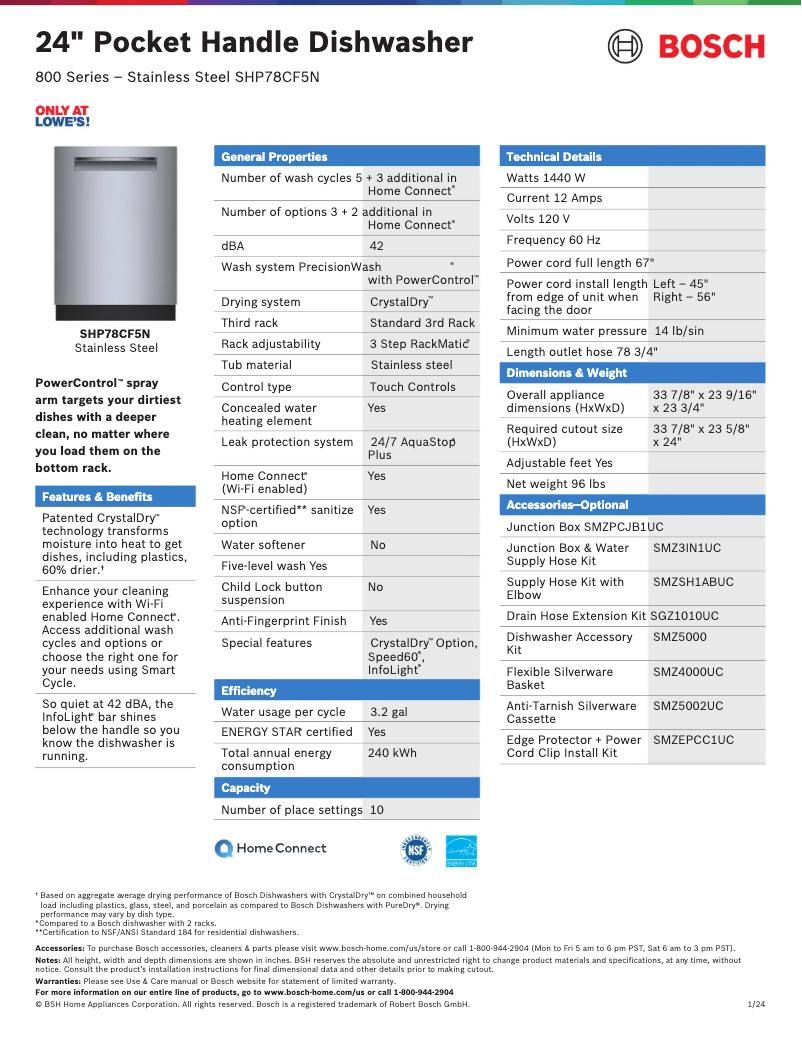 Page 1 de la notice Fiche technique Bosch SHP78CF5N