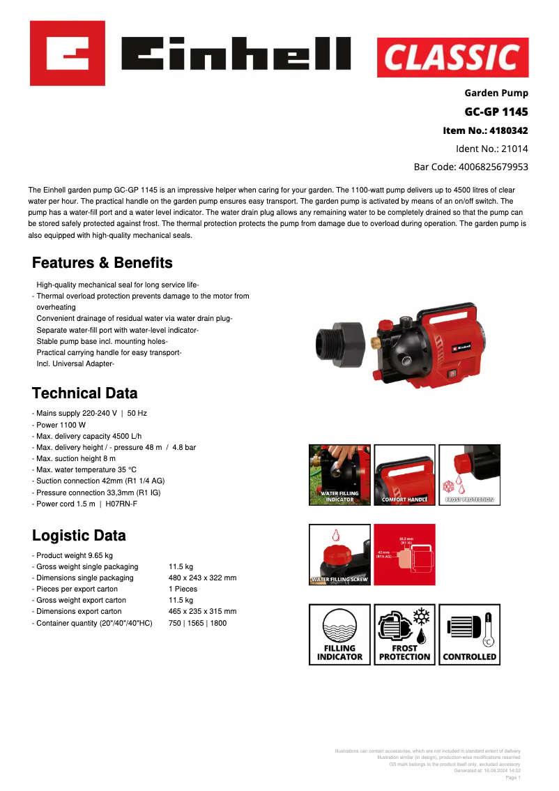 Page 1 de la notice Fiche technique Einhell GC-GP 1145