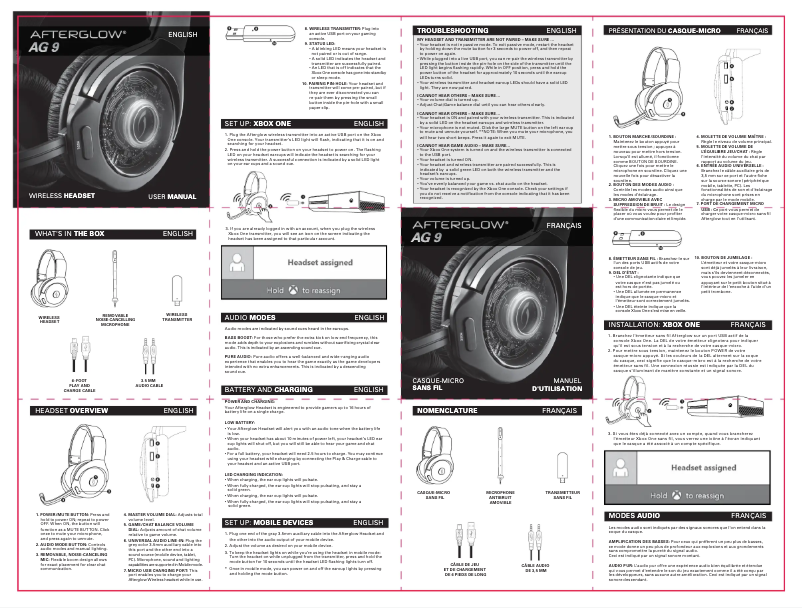 Page 1 de la notice Manuel utilisateur PDP Afterglow AG 9 Premium