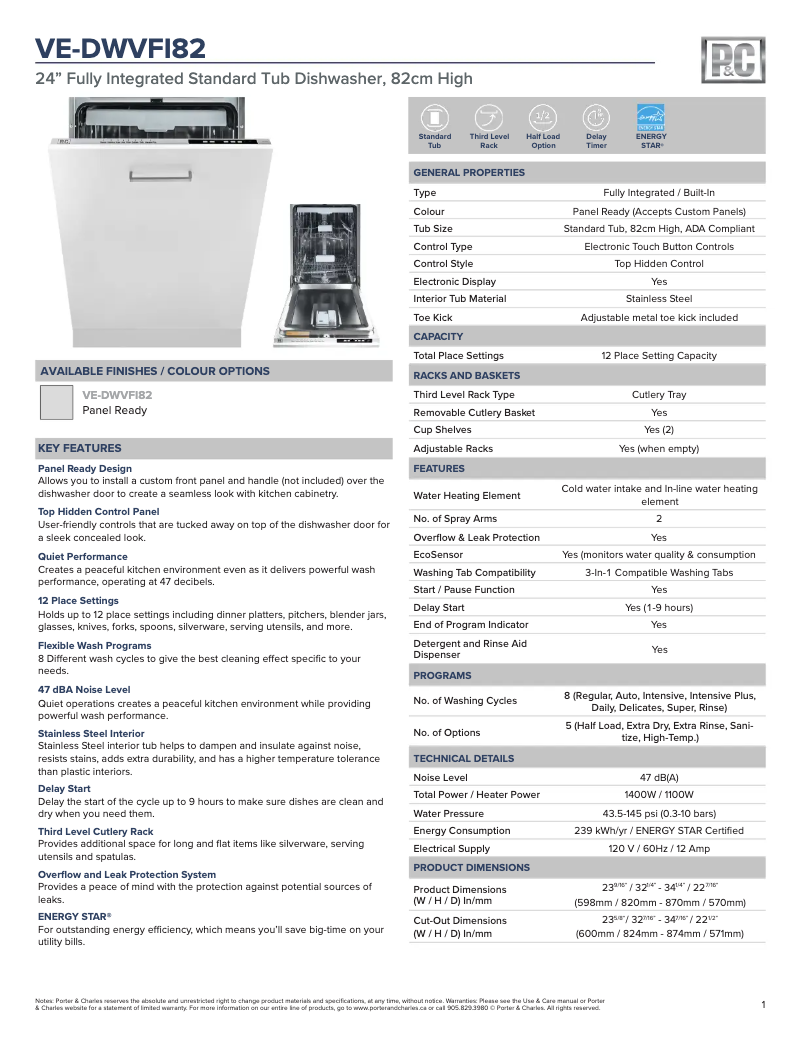 Página 1 del manual Ficha técnica Porter & Charles DWVFI82