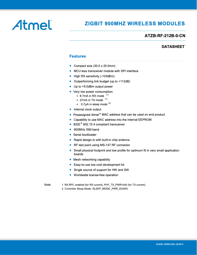 Imagen de la primera página del manual del dispositivo AT86RF212B