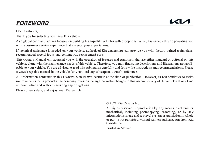 Page 1 de la notice Manuel utilisateur Kia Rio (2022)