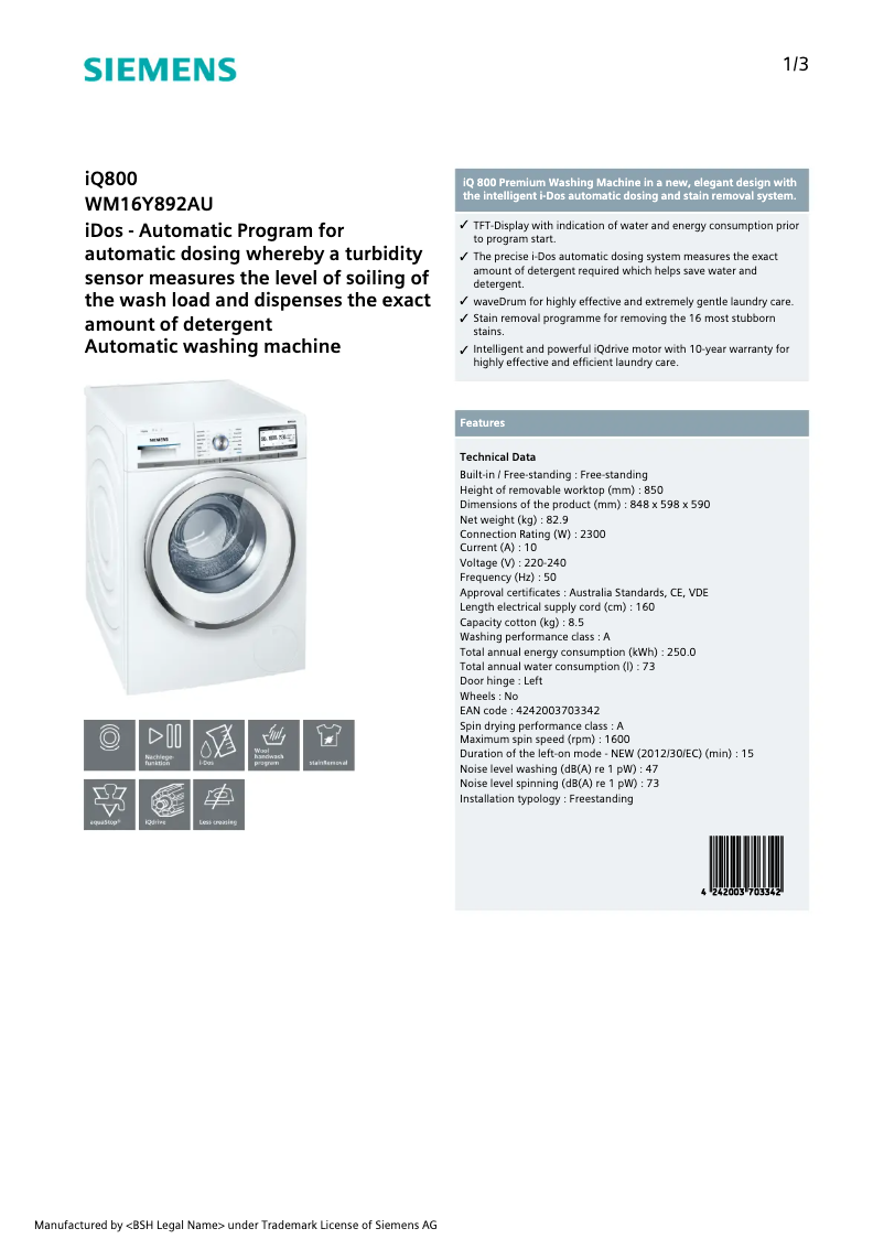 Page n°1 - Fiche technique Siemens WM16Y892AU
