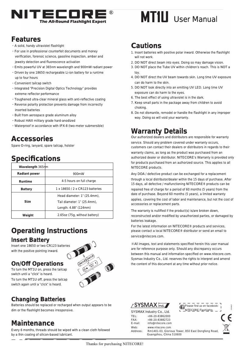 Page n°1 - Manuel utilisateur Nitecore MT1U