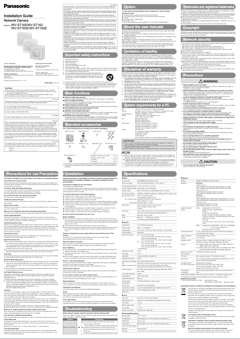 Page 1 de la notice Manuel utilisateur Panasonic WV-ST165