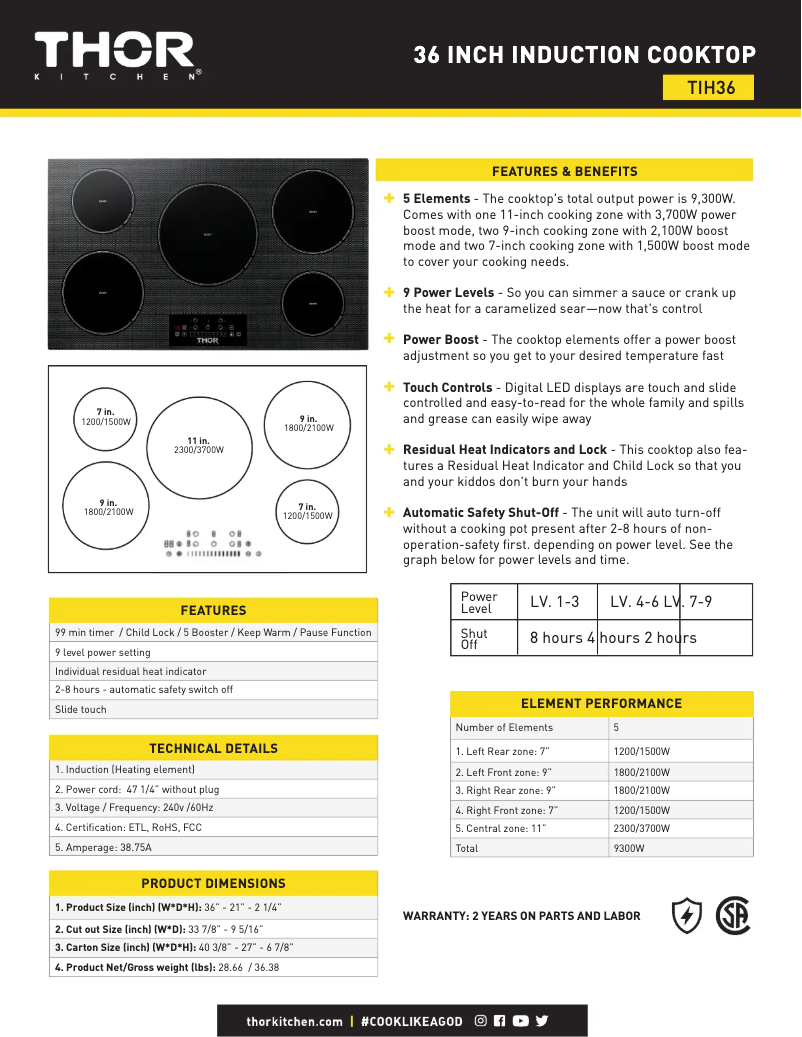 Page 1 de la notice Fiche technique Thor TIH36