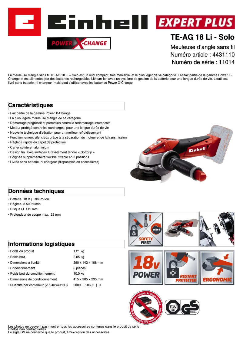 Page n°1 - Fiche technique Einhell TE-AG 18/115 Li-Solo