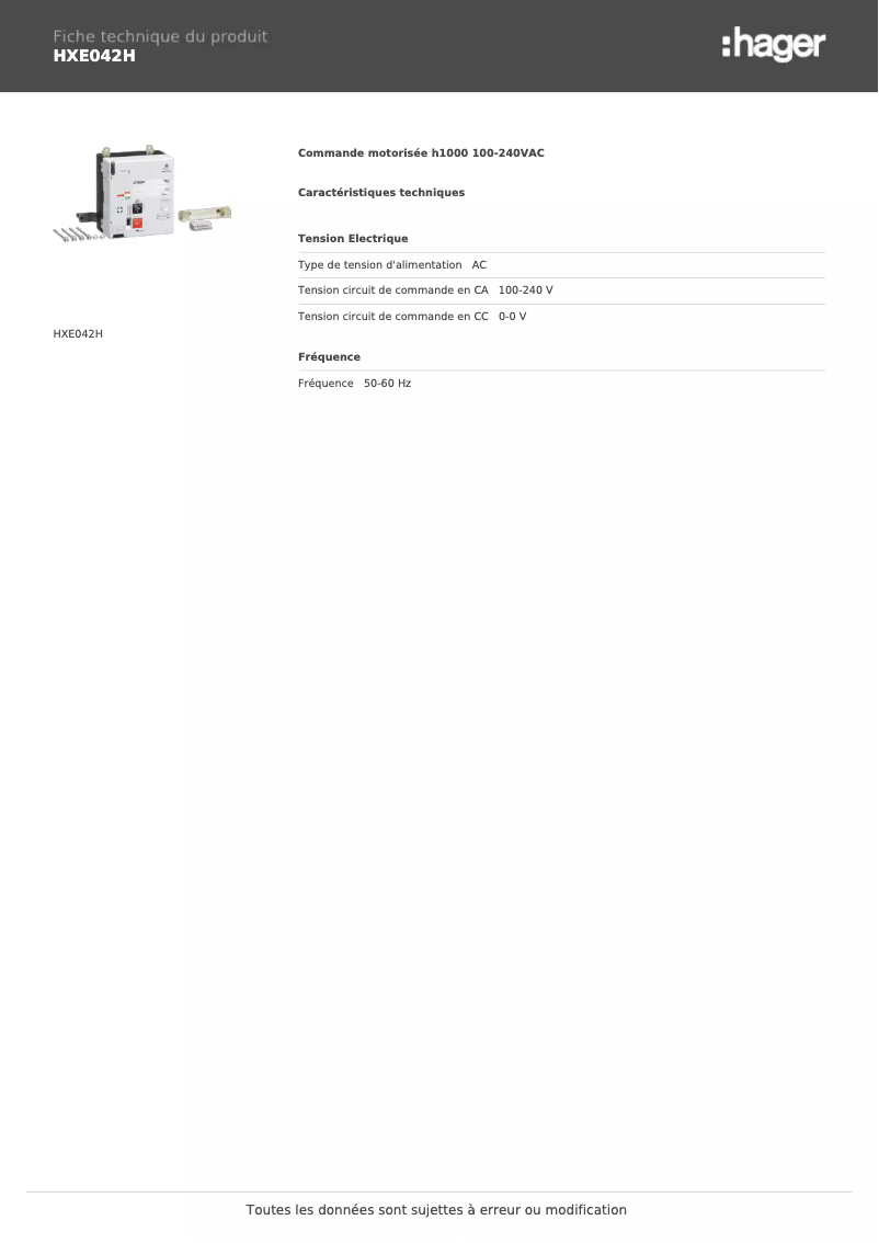 Page 1 de la notice Fiche technique Hager HXE042H