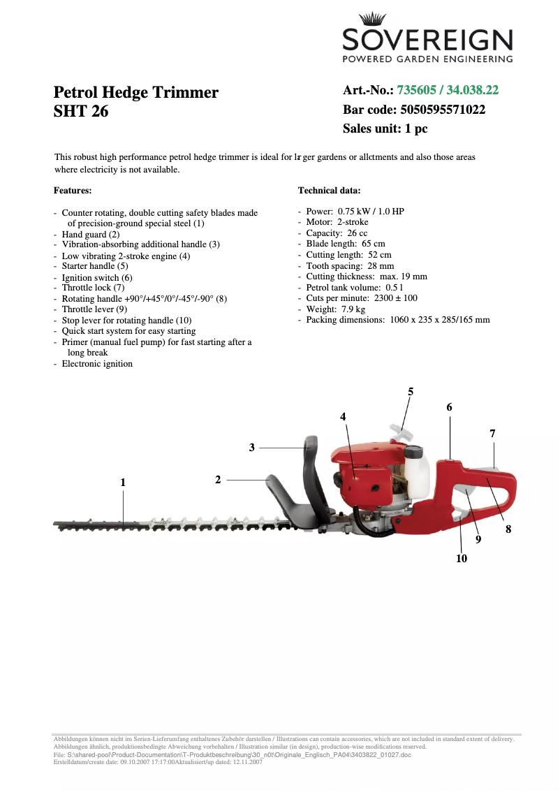 Page 1 de la notice Fiche technique Sovereign SHT 26