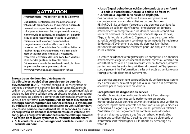 Page 1 de la notice Manuel utilisateur Honda Pilot (2018)