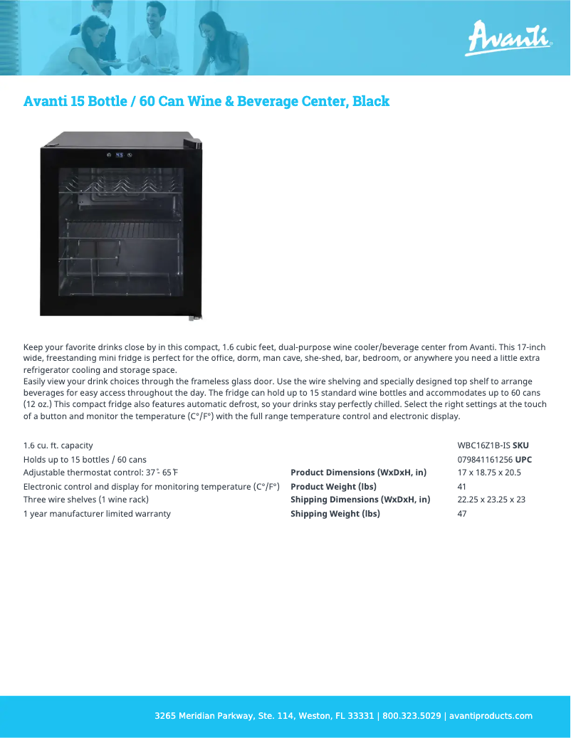 Page 1 de la notice Fiche technique Avanti WBC16Z1B-IS