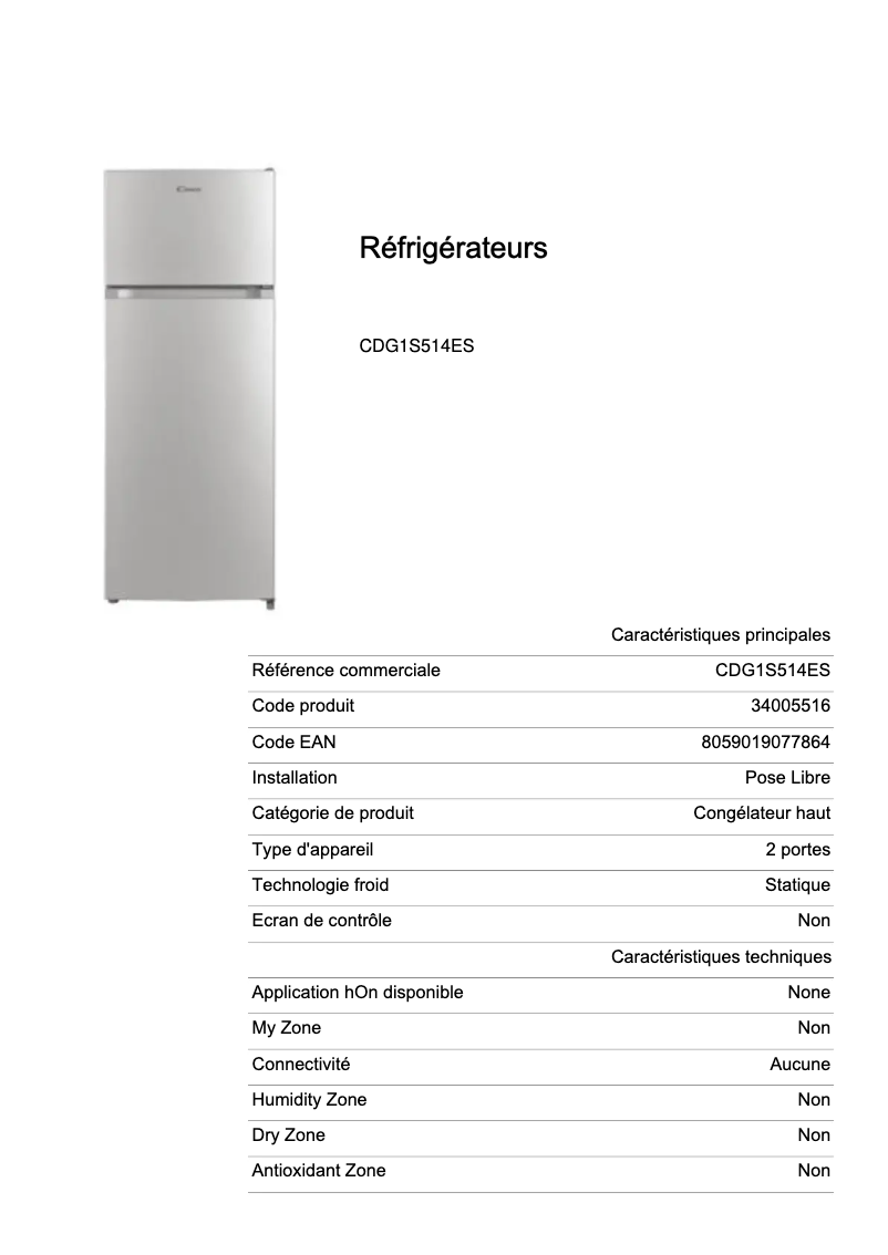 Page 1 de la notice Fiche technique Candy CDG1S514ES