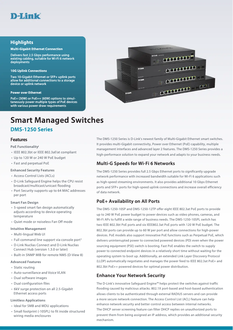 Page 1 de la notice Fiche technique D-Link DMS-1250-10SP