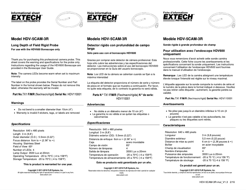 Page 1 de la notice Manuel utilisateur Extech HDV-5CAM-3R