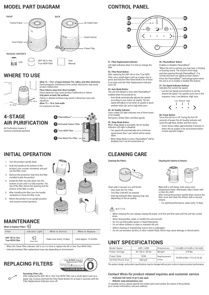 Page 1 de la notice Manuel utilisateur Winix A230