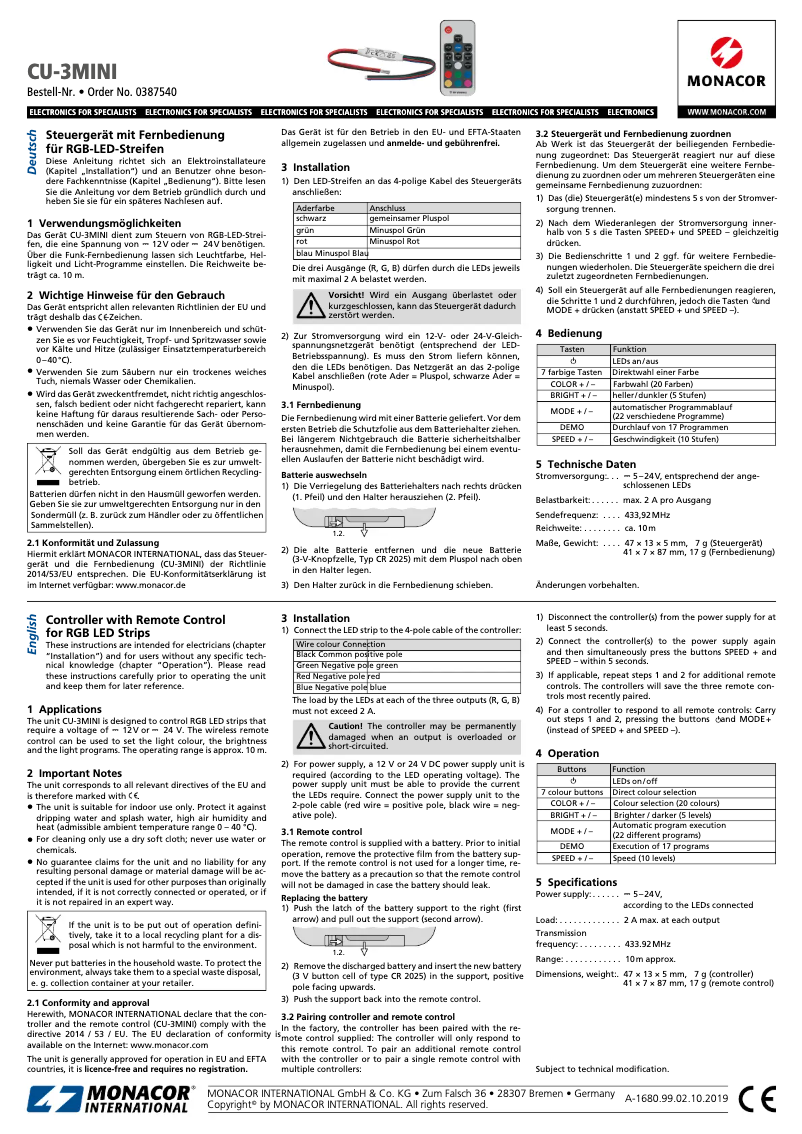 Page 1 de la notice Manuel utilisateur Monacor CU-3MINI