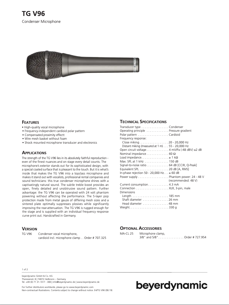 Page 1 de la notice Fiche technique Beyerdynamic TG V96