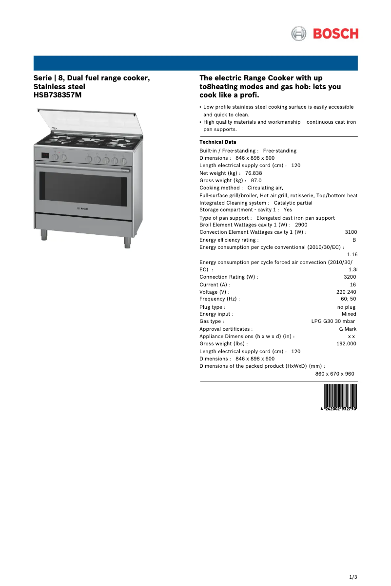 Page 1 de la notice Fiche technique Bosch HSB738357M